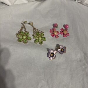 3 Pair Vintage Estate Sale EARRINGS Beaded Hand Painted  Flowers
